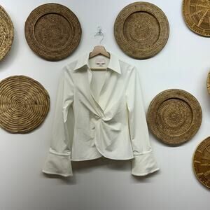 $295 Cinq A Sept Mckenna Knot Waist Shirt Small Flared Cuff Collared White